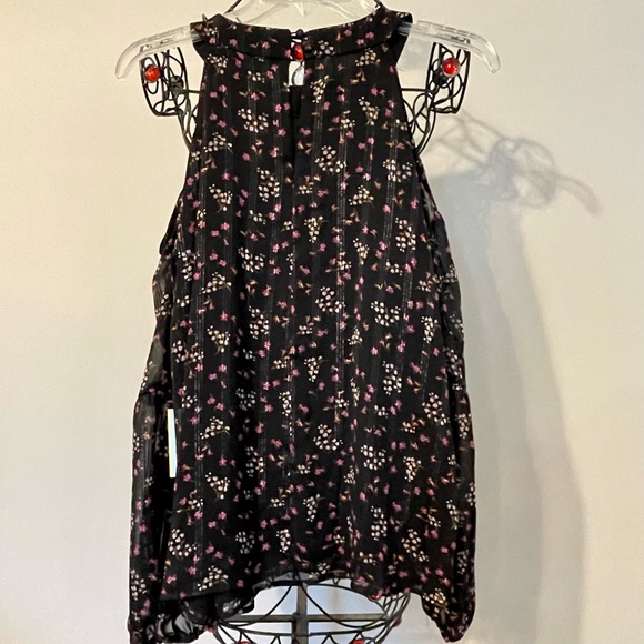 CeCe Cold Shoulder Black Floral Blouse with Lurex Accents LARGE NWT - Picture 6 of 8